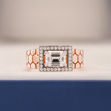 Alden emerald moissanite halo men's ring in rose gold inside Ronora box