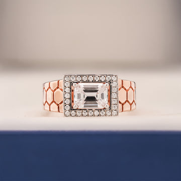 Alden emerald moissanite halo men's ring in rose gold inside Ronora box