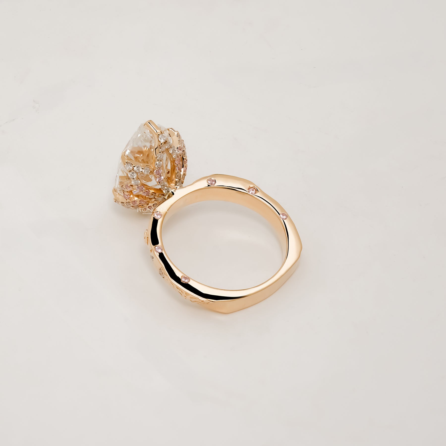 Back view of marquise lab grown diamond vintage halo ring showing band detail