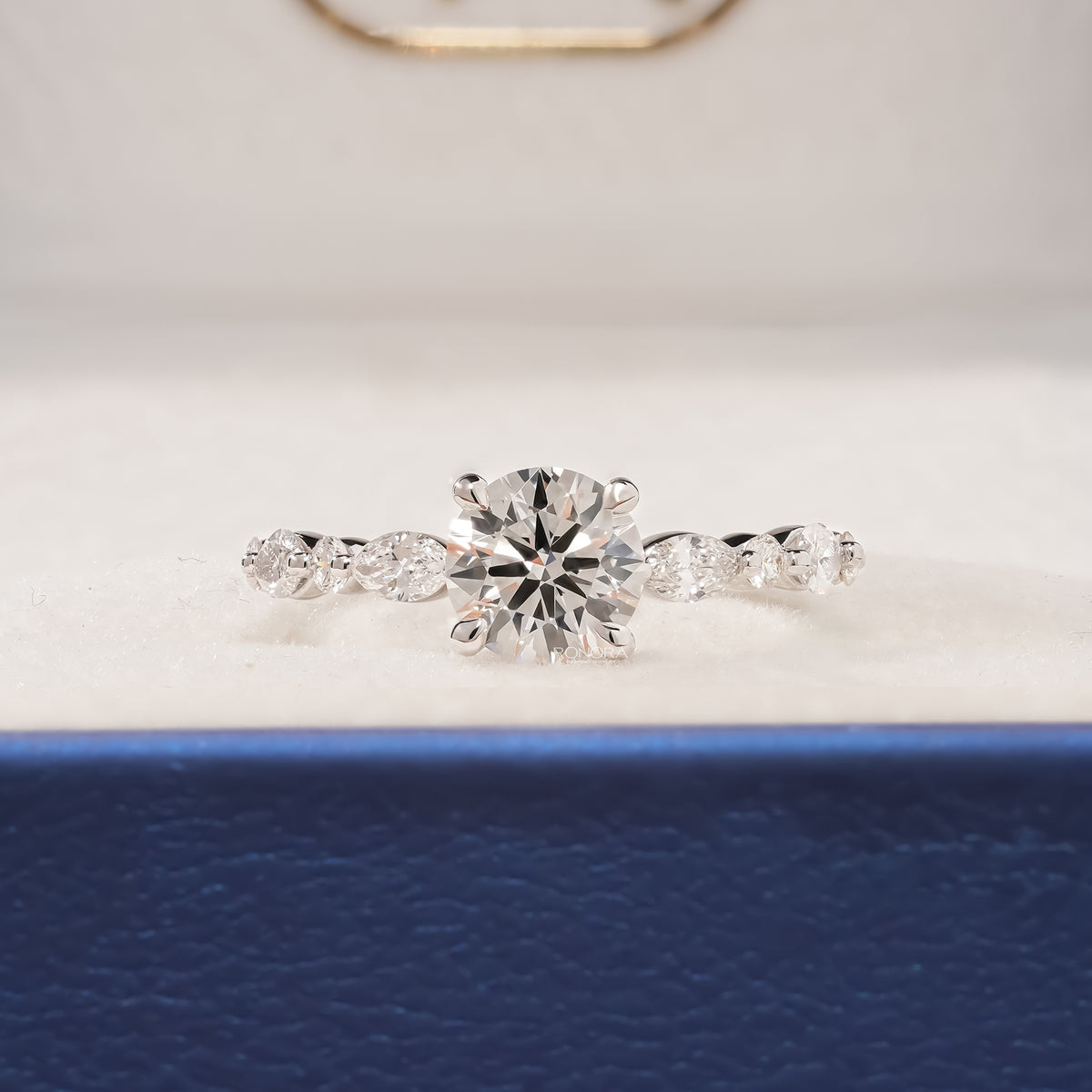 Isabelle round lab grown diamond side-stone ring in white gold inside Ronora box