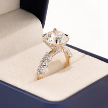 Angled view of round lab grown diamond vintage halo ring with vintage halo setting