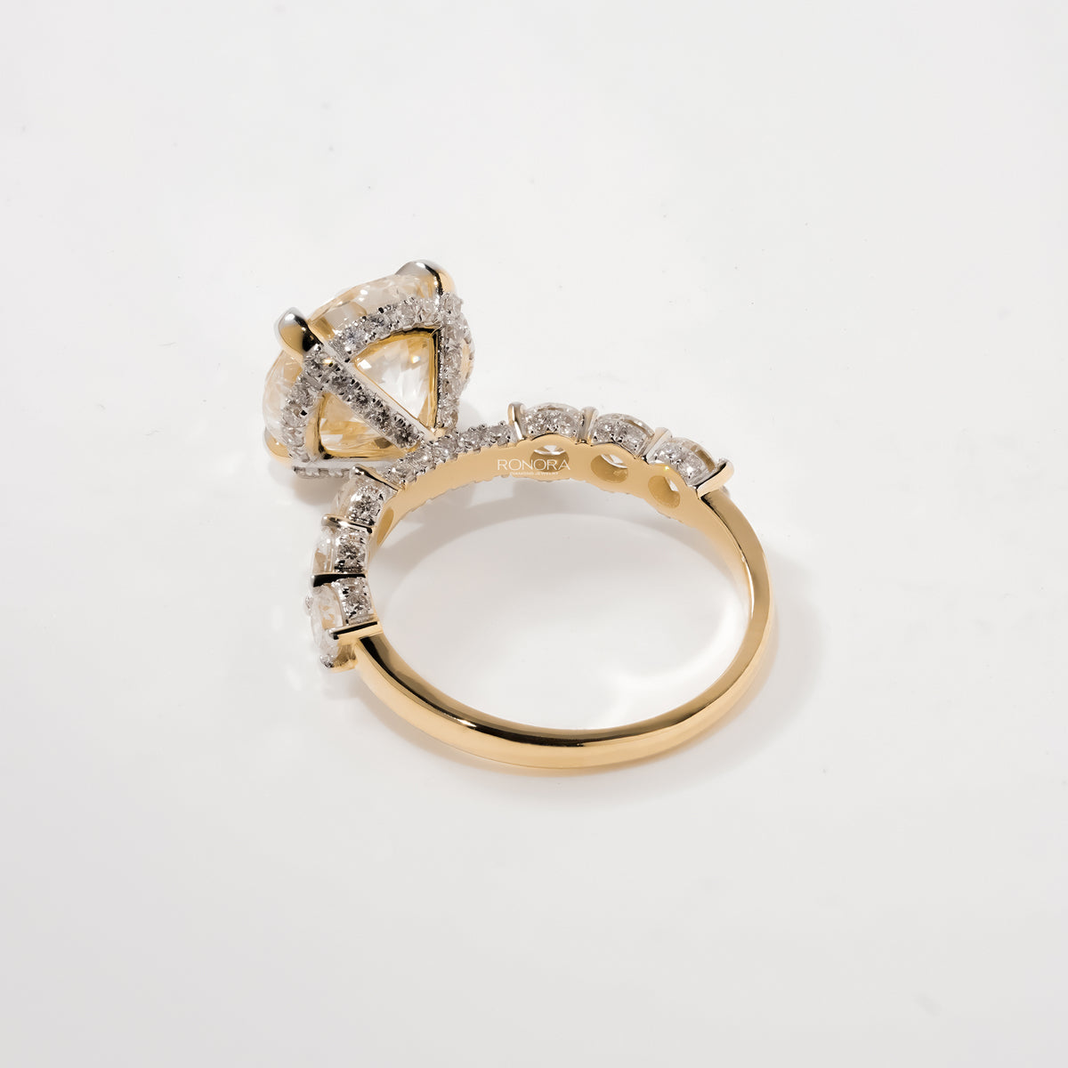 Back view of round lab grown diamond vintage halo ring showing band detail