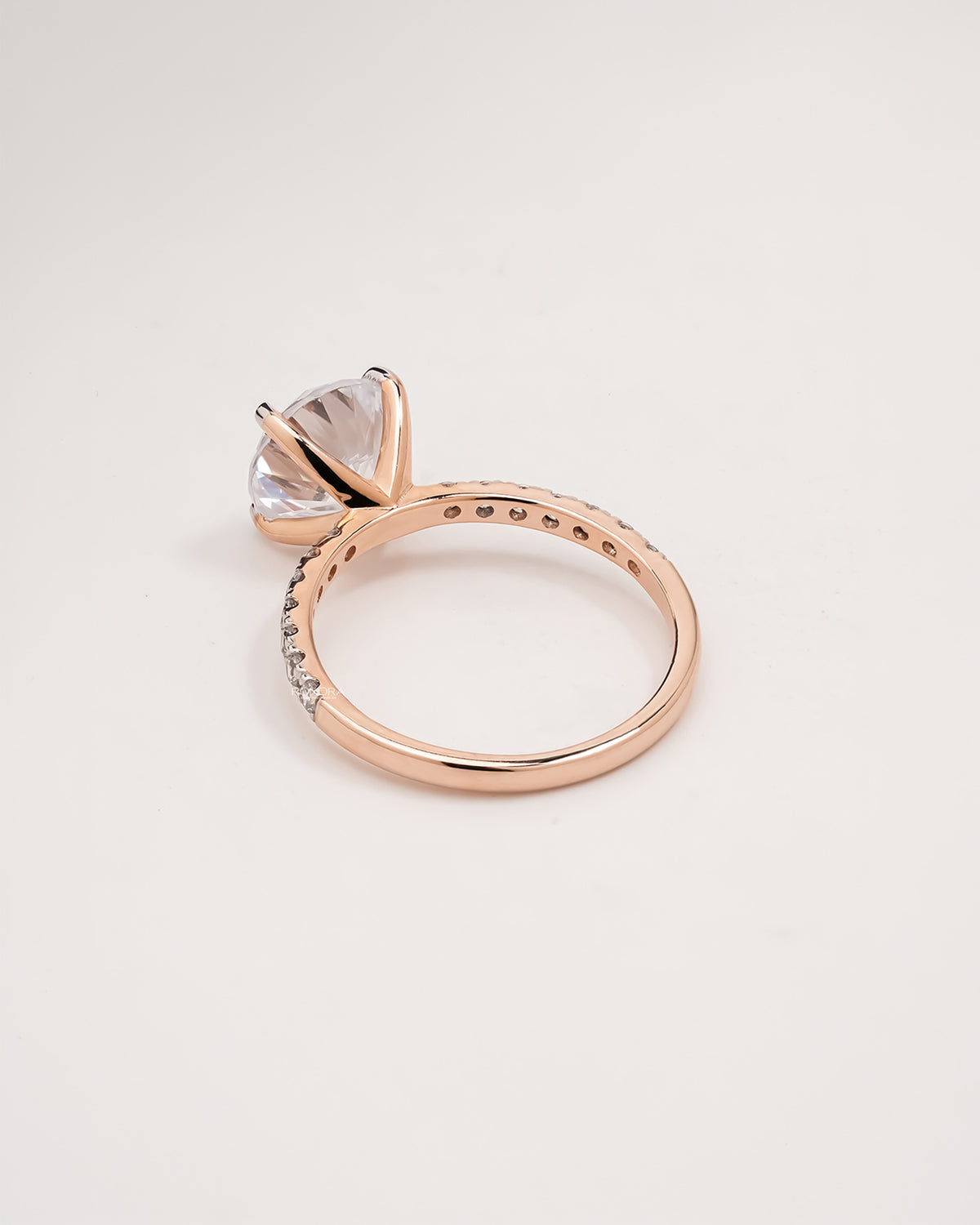 Back view of round moissanite pave ring showing band detail