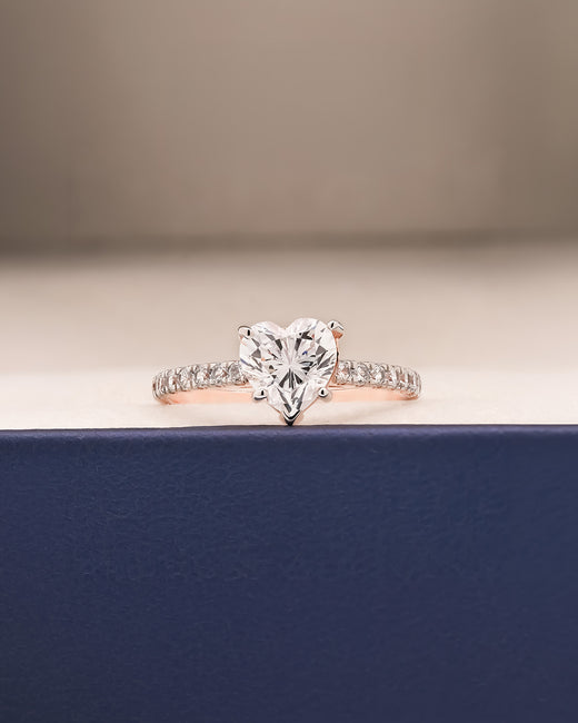 Amelie heart moissanite pave ring in rose gold inside Ronora box
