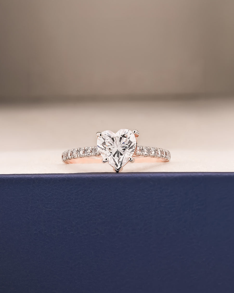 Amelie heart moissanite pave ring in rose gold inside Ronora box
