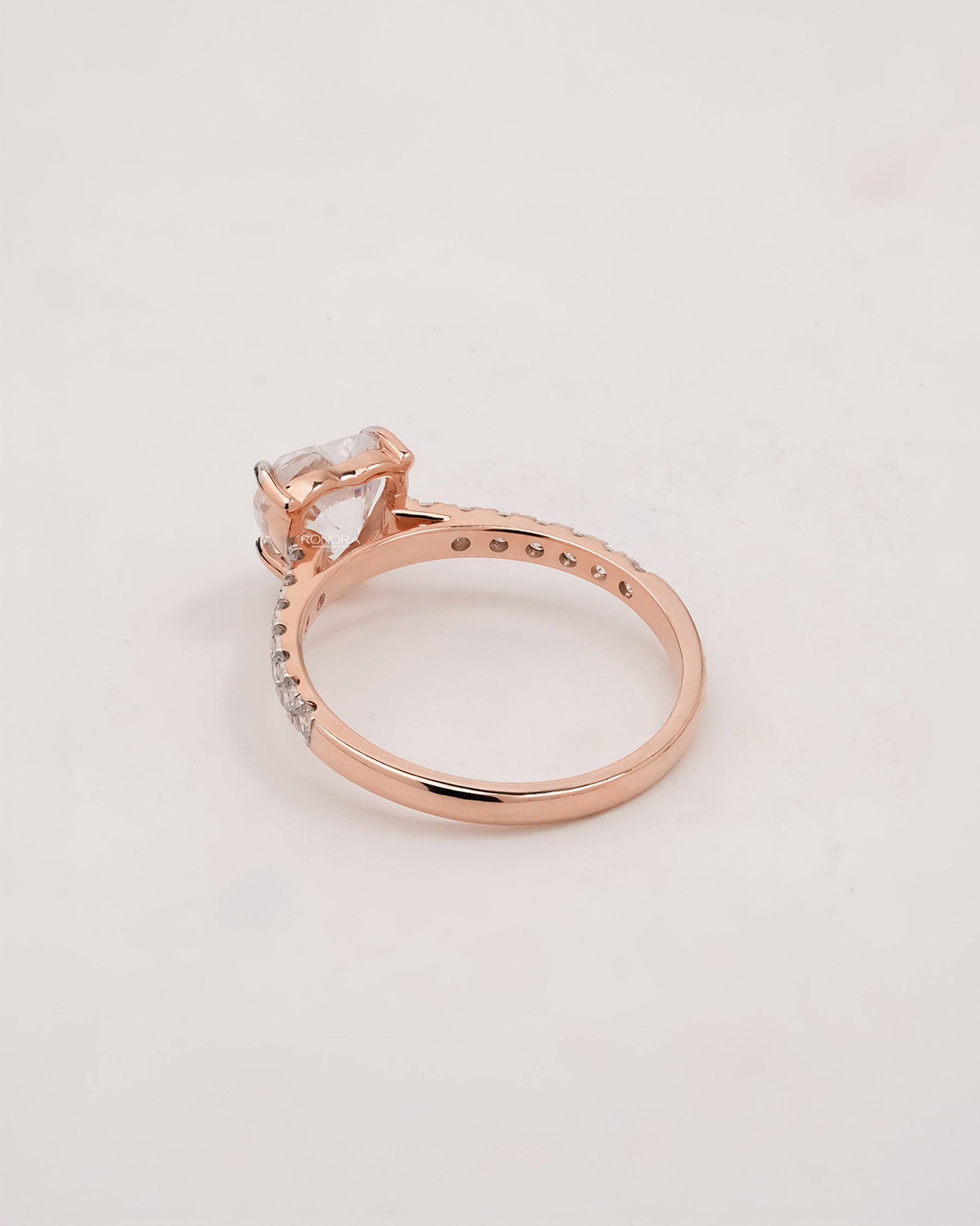Back view of heart moissanite pave ring showing band detail