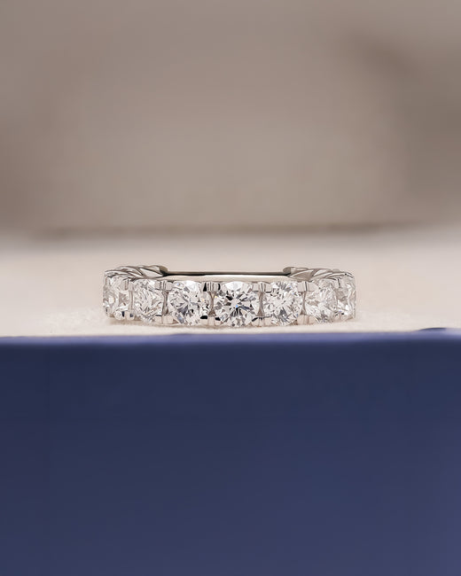 Evelina round lab grown diamond eternity band in white gold inside Ronora box