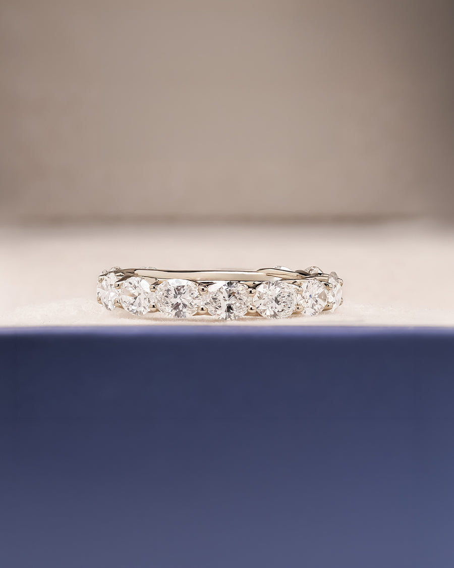 Margaux oval lab grown diamond eternity band in white gold inside Ronora box