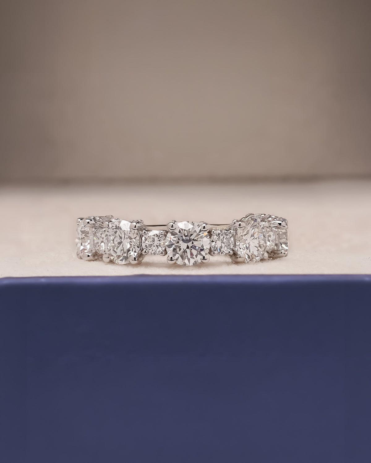 Close-up view of round lab grown diamond eternity band showing eternity setting
