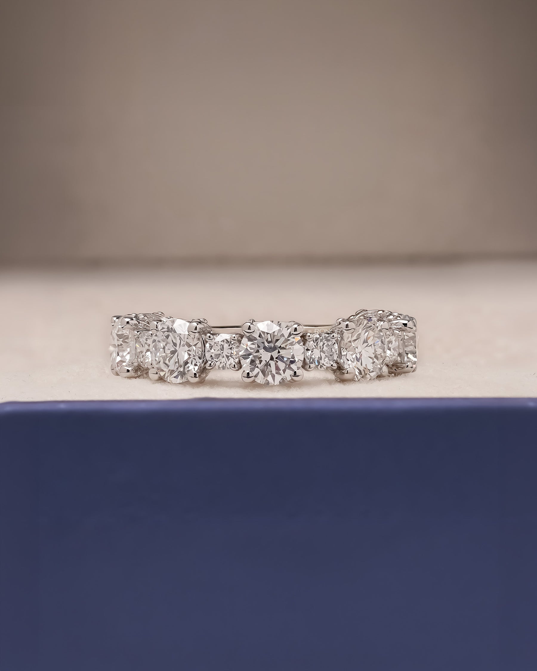 Close-up view of round lab grown diamond eternity band showing eternity setting