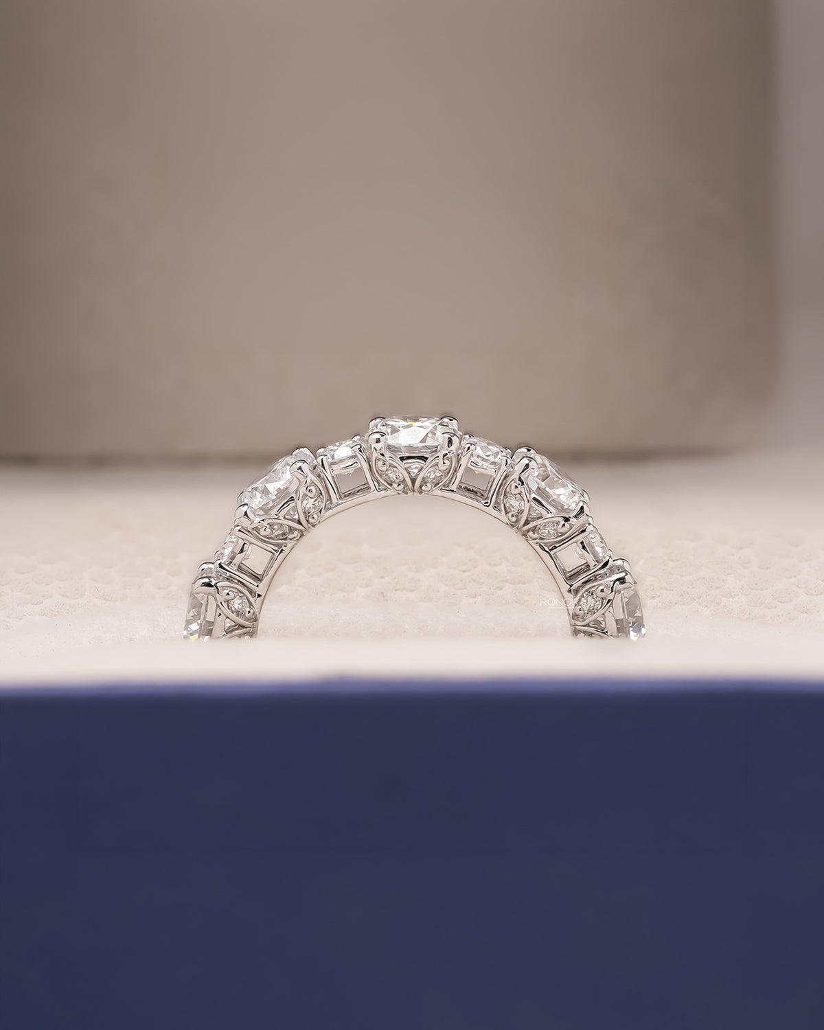 Arden round lab grown diamond eternity band in white gold inside Ronora box