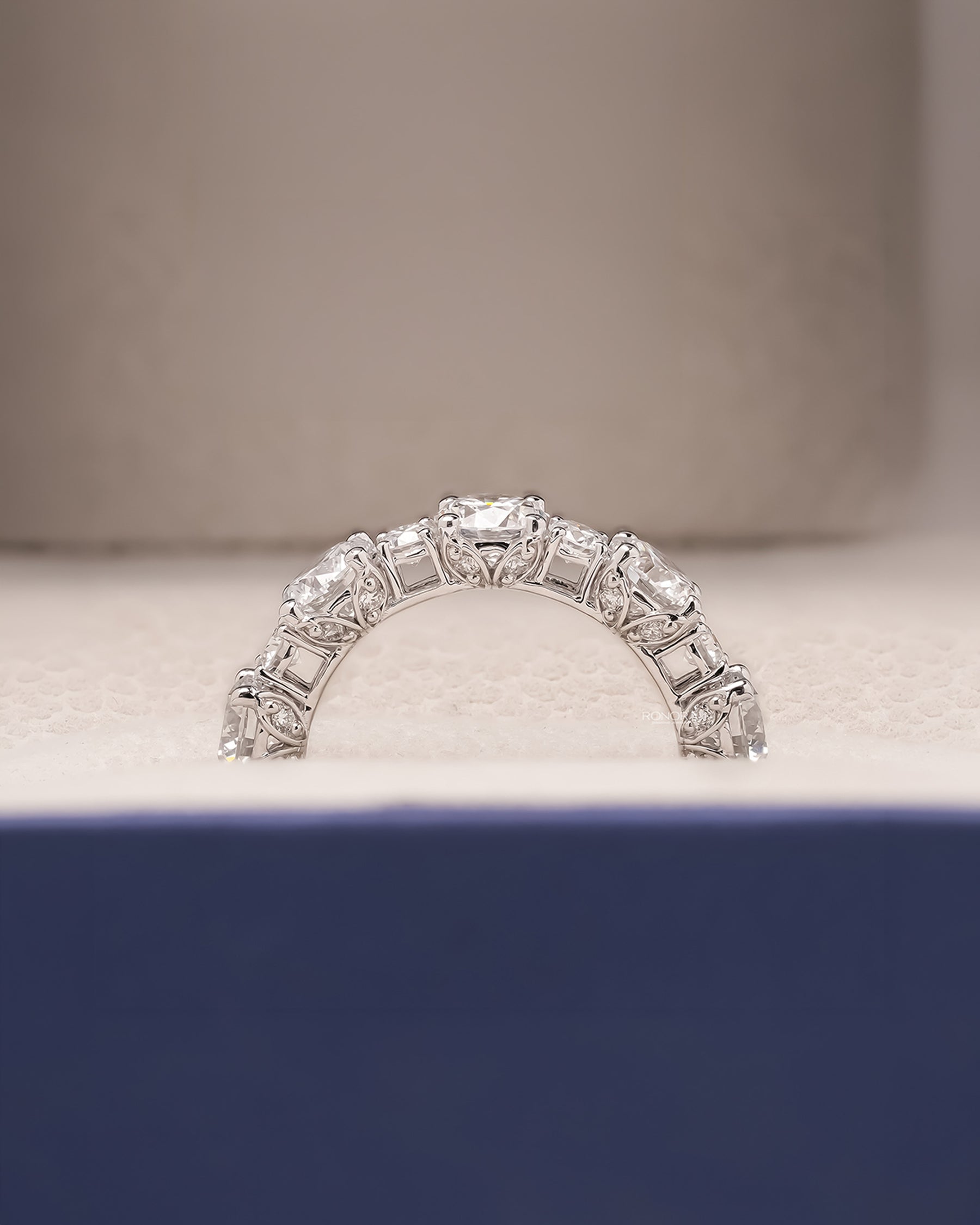 Arden round lab grown diamond eternity band in white gold inside Ronora box