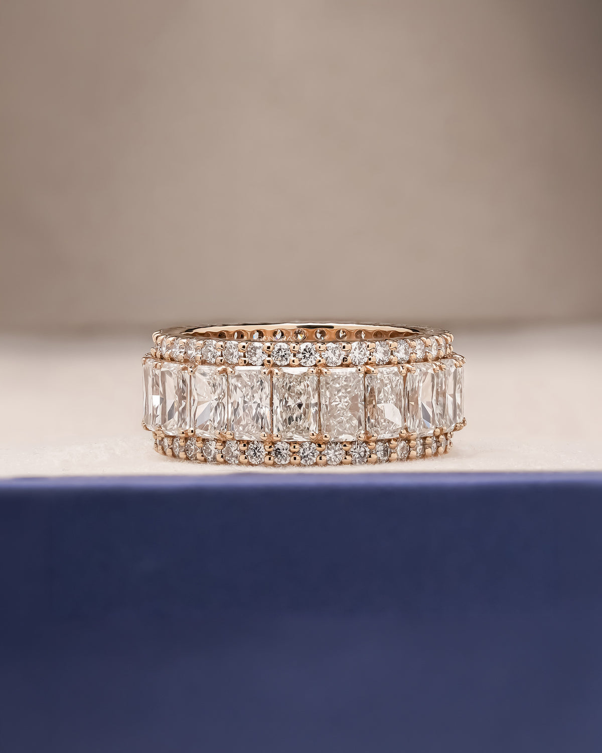 Calista radiant lab grown diamond eternity band in yellow gold inside Ronora box