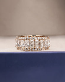 Calista radiant lab grown diamond eternity band in yellow gold inside Ronora box