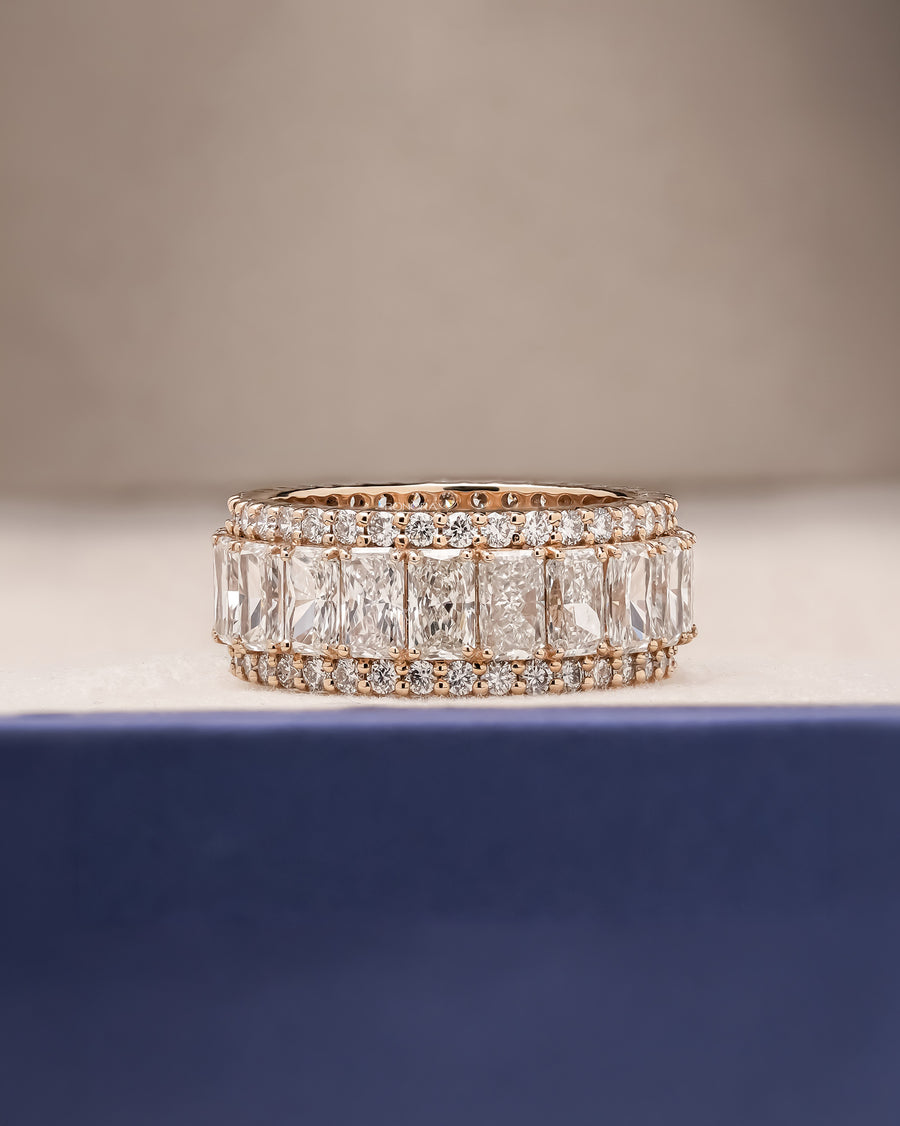Calista radiant lab grown diamond eternity band in yellow gold inside Ronora box