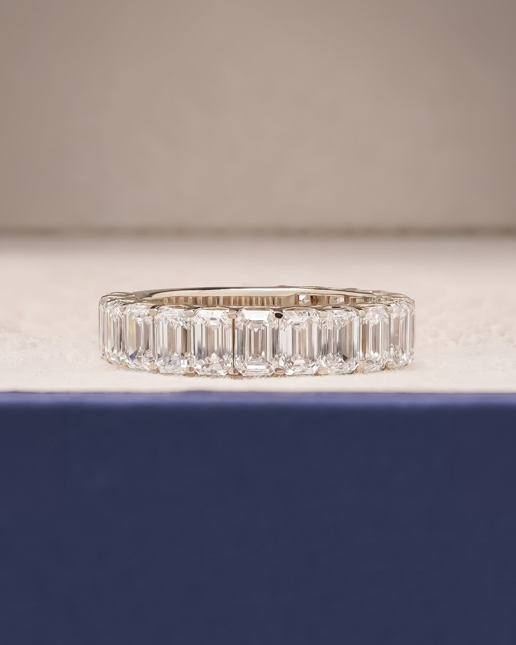 Sorelle emerald lab grown diamond eternity band in white gold inside Ronora box