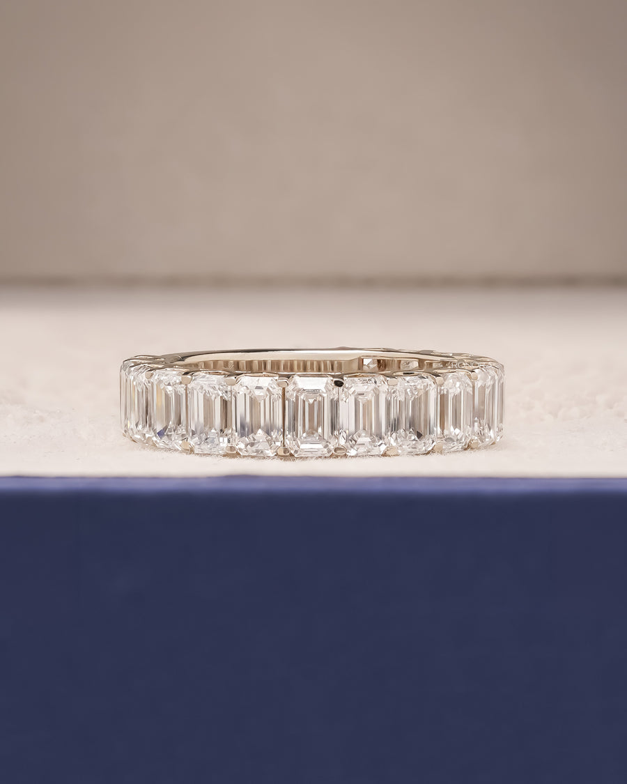 Sorelle emerald lab grown diamond eternity band in white gold inside Ronora box