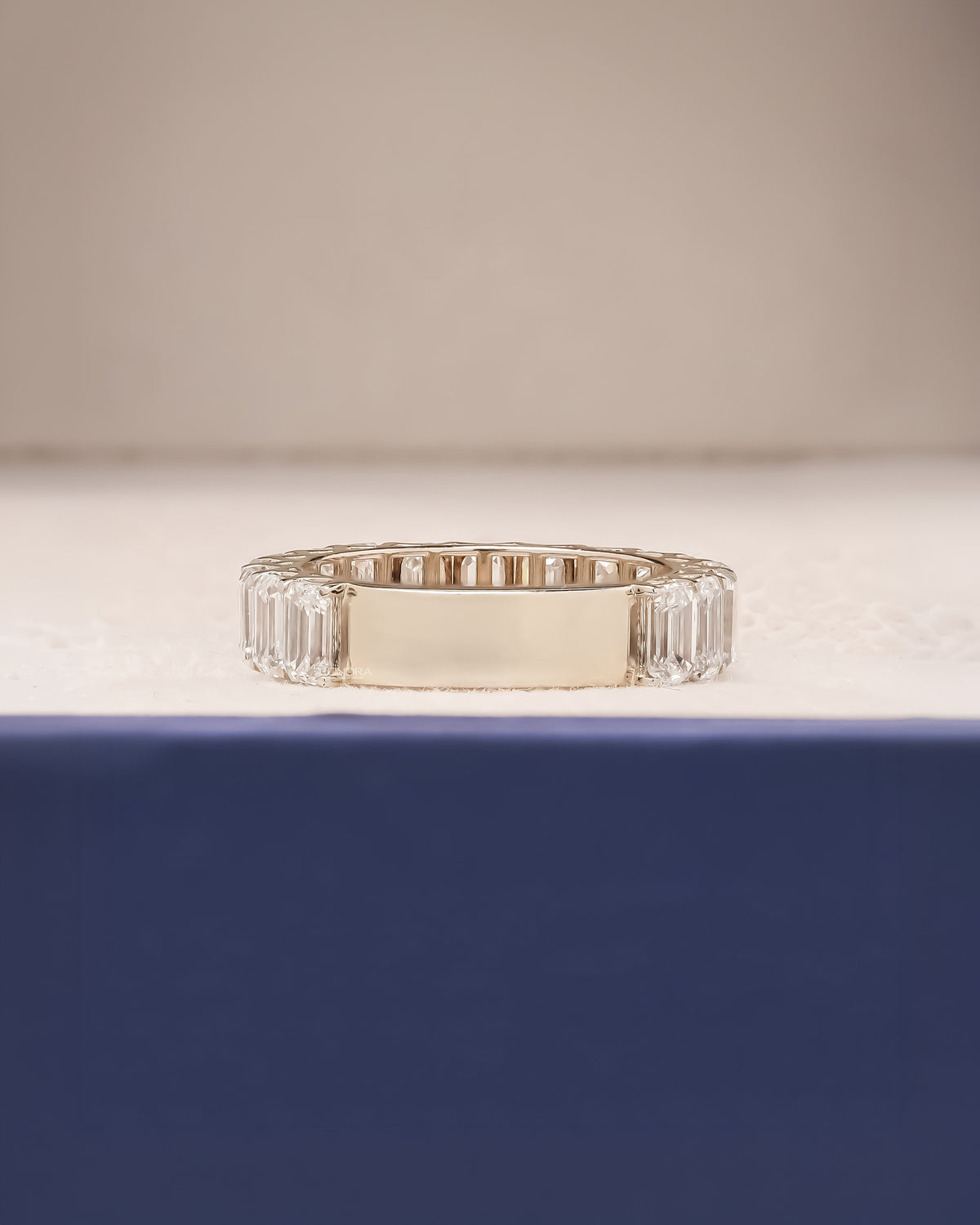 Back view of emerald lab grown diamond eternity band showing band detail
