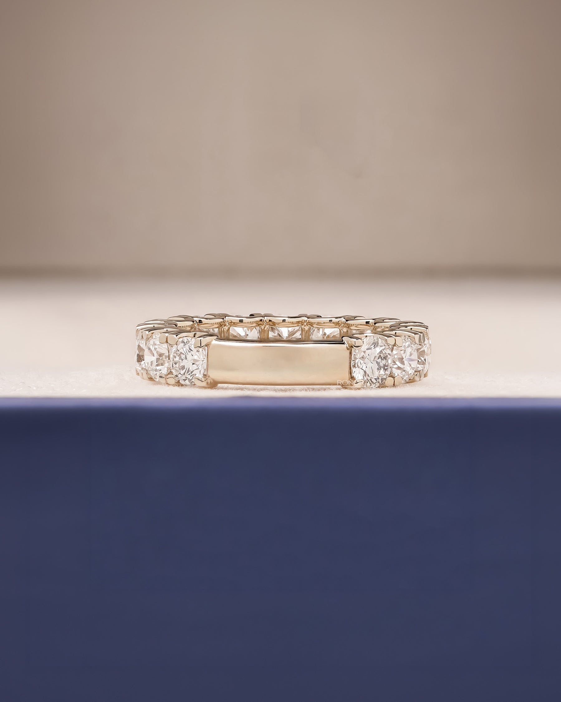 Side profile of round lab grown diamond eternity band showing ring setting