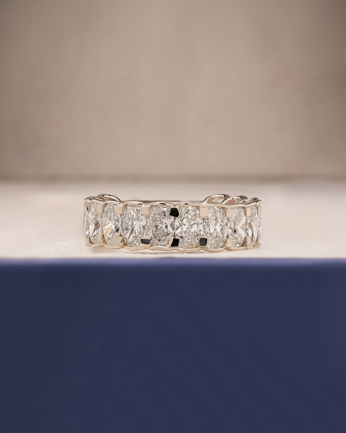 Anika oval lab grown diamond eternity band in white gold inside Ronora box