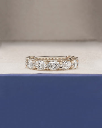 Marina oval lab grown diamond eternity band in yellow gold inside Ronora box