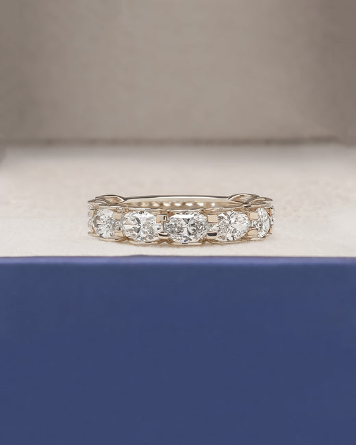 Marina oval lab grown diamond eternity band in yellow gold inside Ronora box