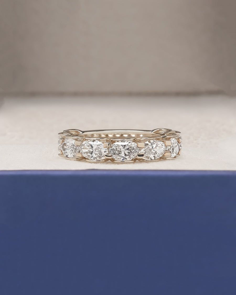 Marina oval lab grown diamond eternity band in yellow gold inside Ronora box