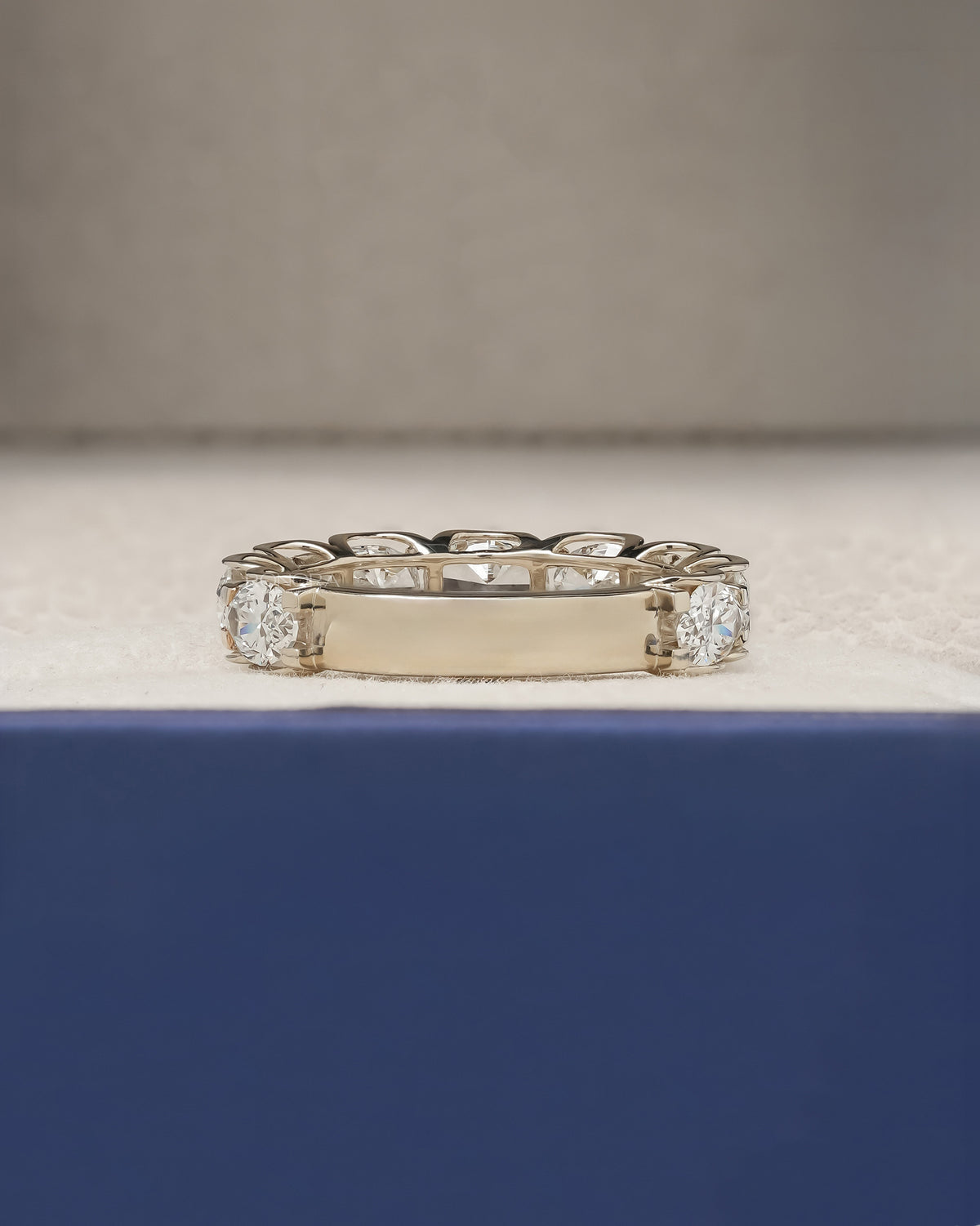 Back view of oval lab grown diamond eternity band showing band detail
