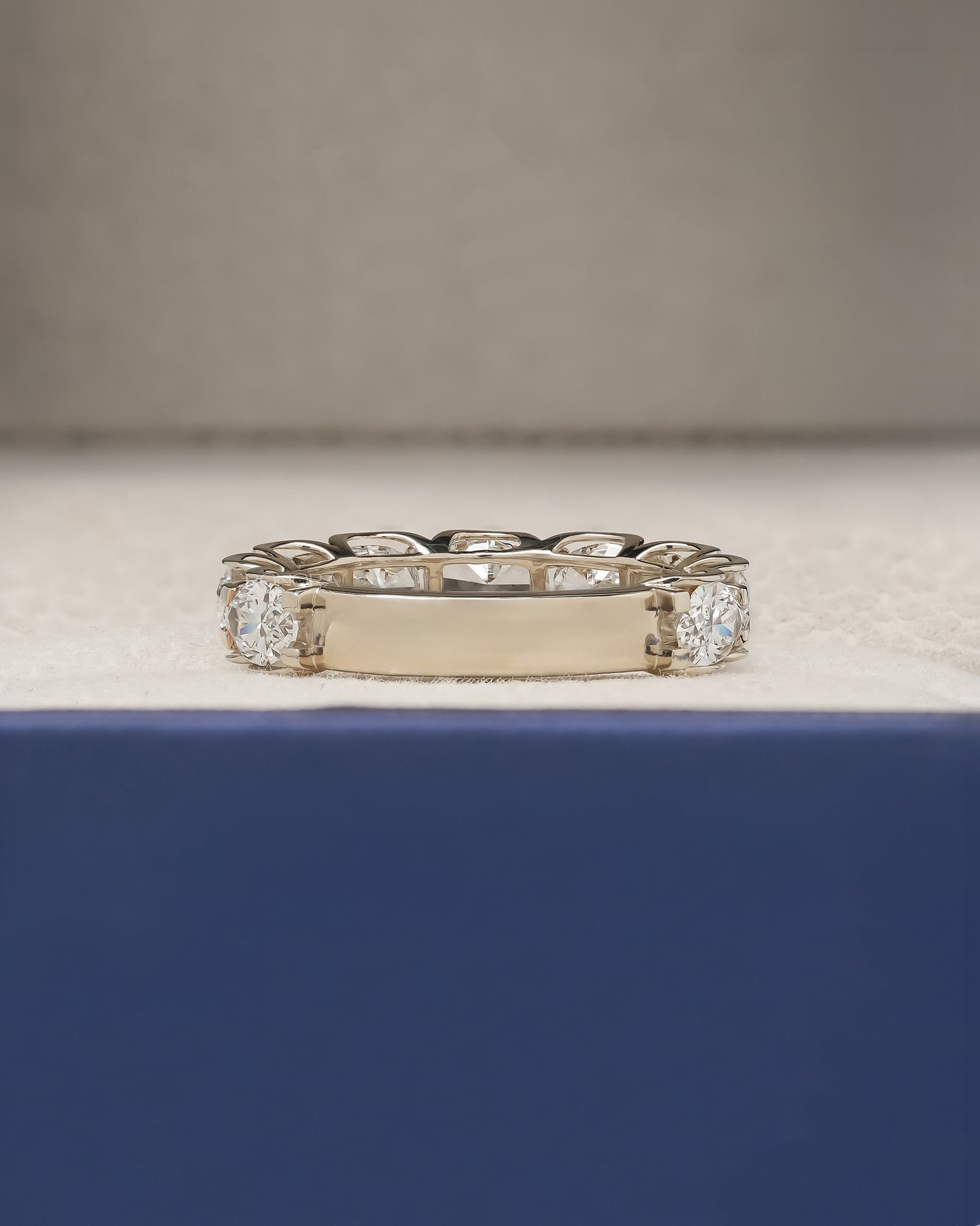 Back view of oval lab grown diamond eternity band showing band detail