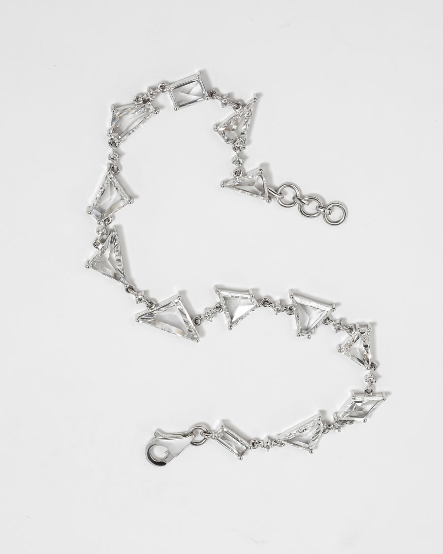 Multi shape lab grown diamond bracelet laid flat showing kite and trillion links