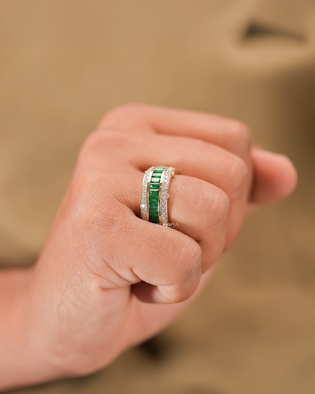 Green lab grown diamond channel band worn with white silk