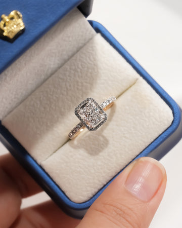Estera radiant lab grown diamond halo ring in white gold inside Ronora box