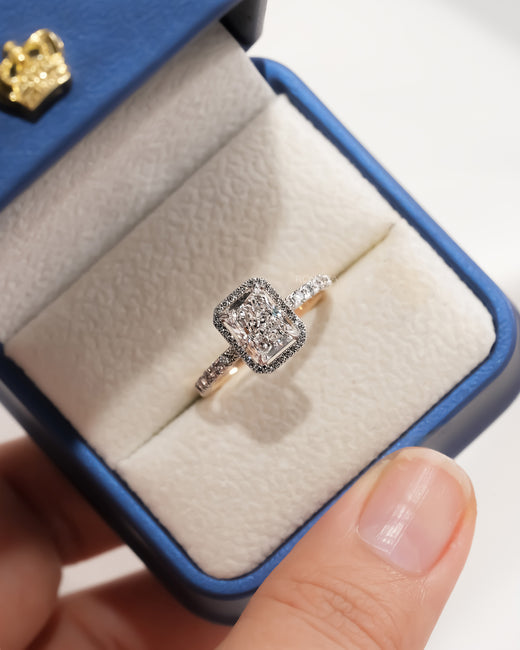 Estera radiant lab grown diamond halo ring in white gold inside Ronora box