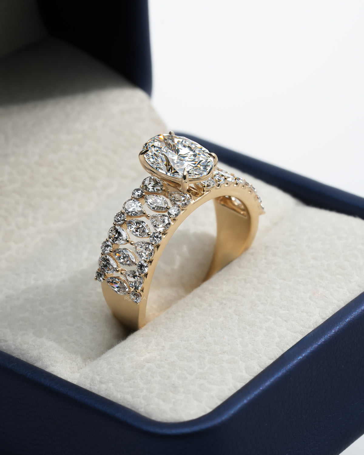 Oval cluster lab grown diamond ring displayed in a Ronora box at an angle