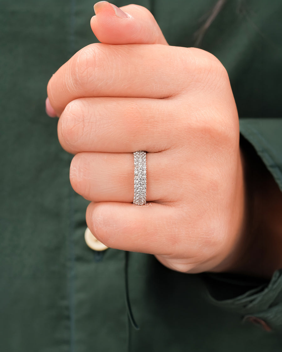 Wide lab grown diamond pavé band worn on hand in rose gold