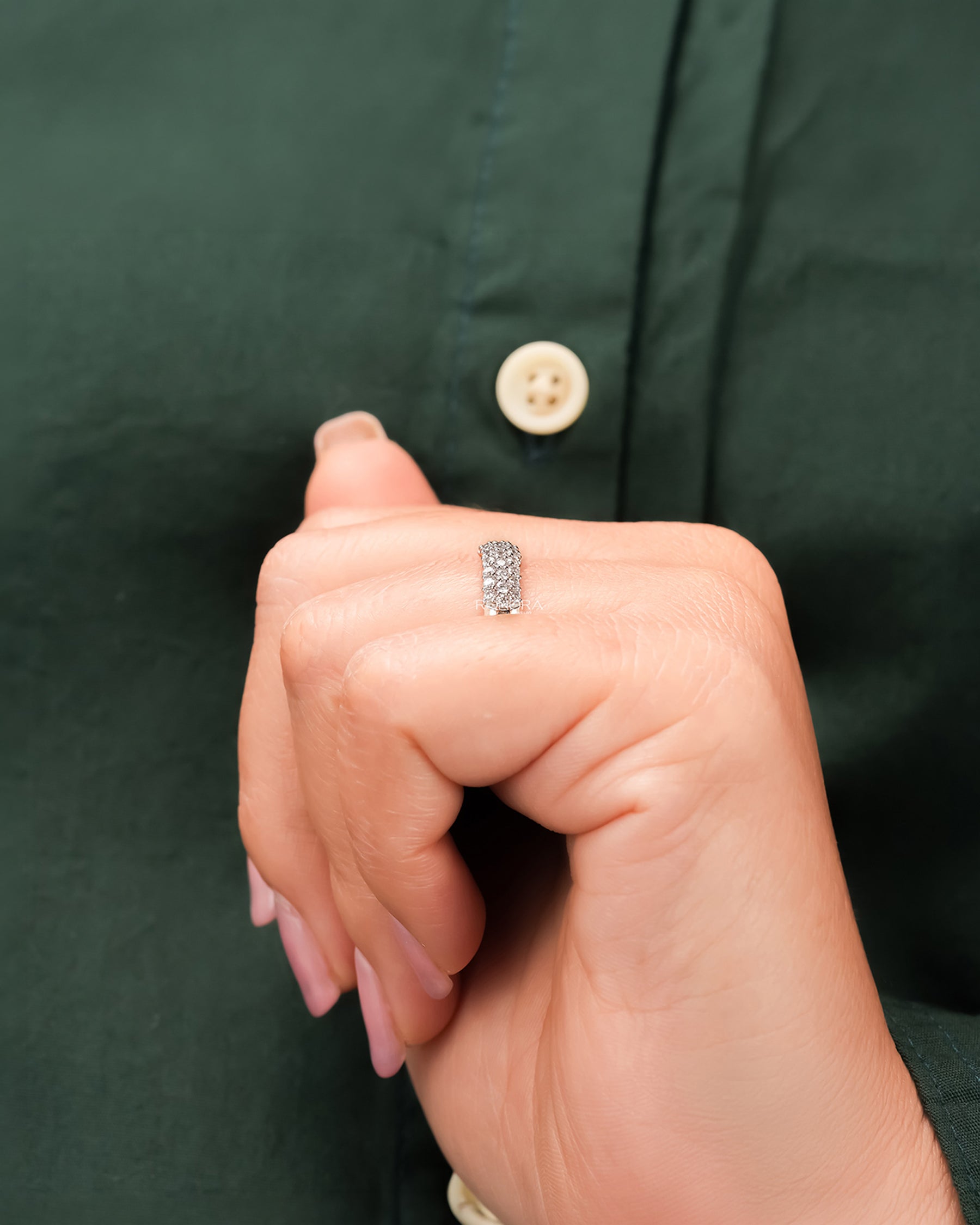 Wide lab grown diamond pavé band worn with white silk