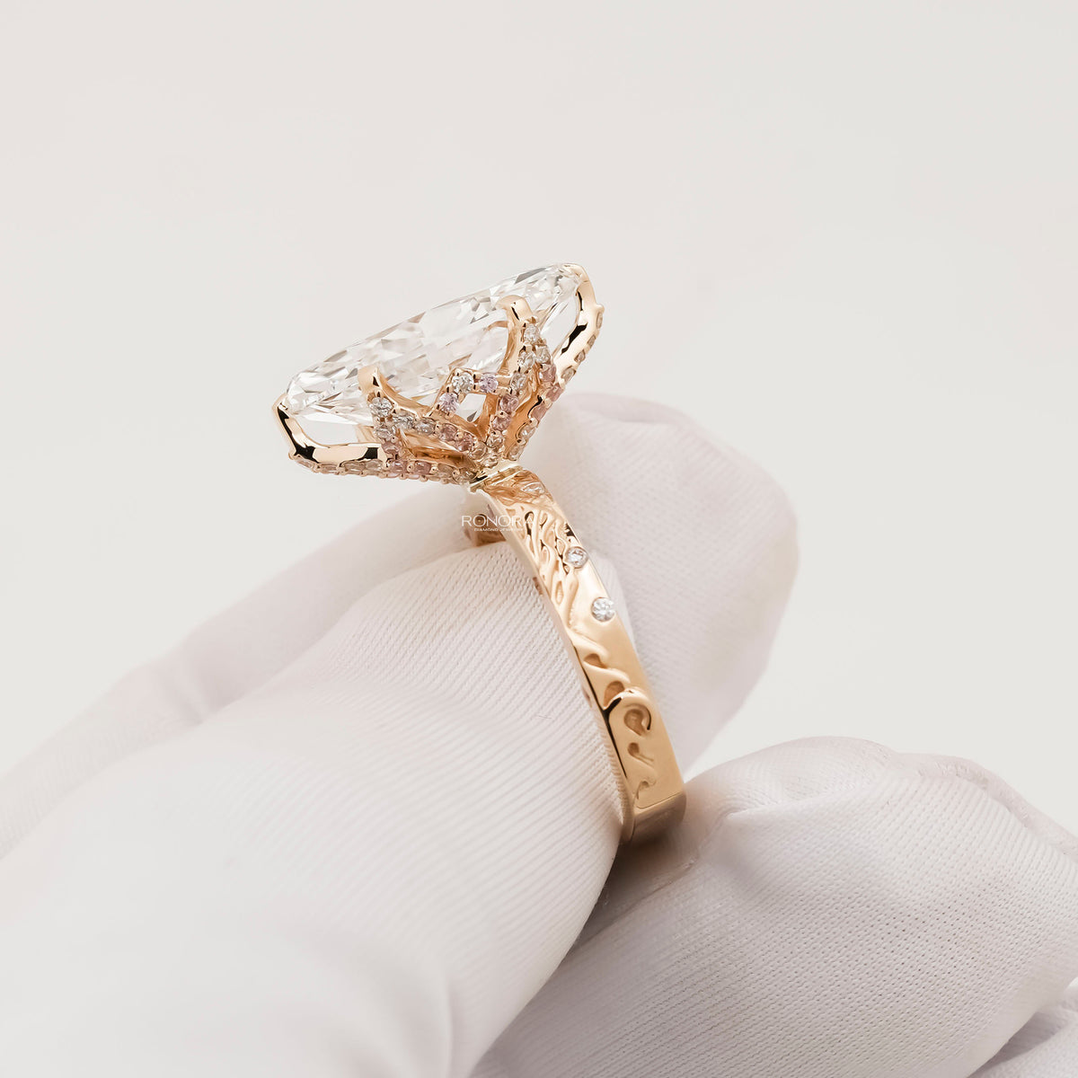 Side profile of marquise lab grown diamond vintage halo ring showing ring setting
