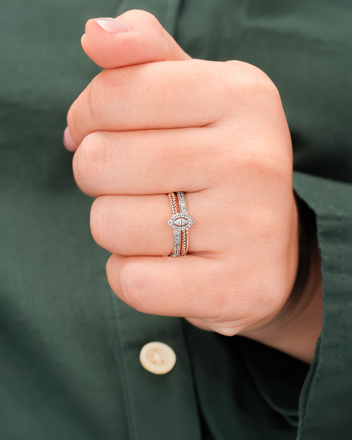 Marquise lab grown diamond double pavé ring worn on hand in rose gold