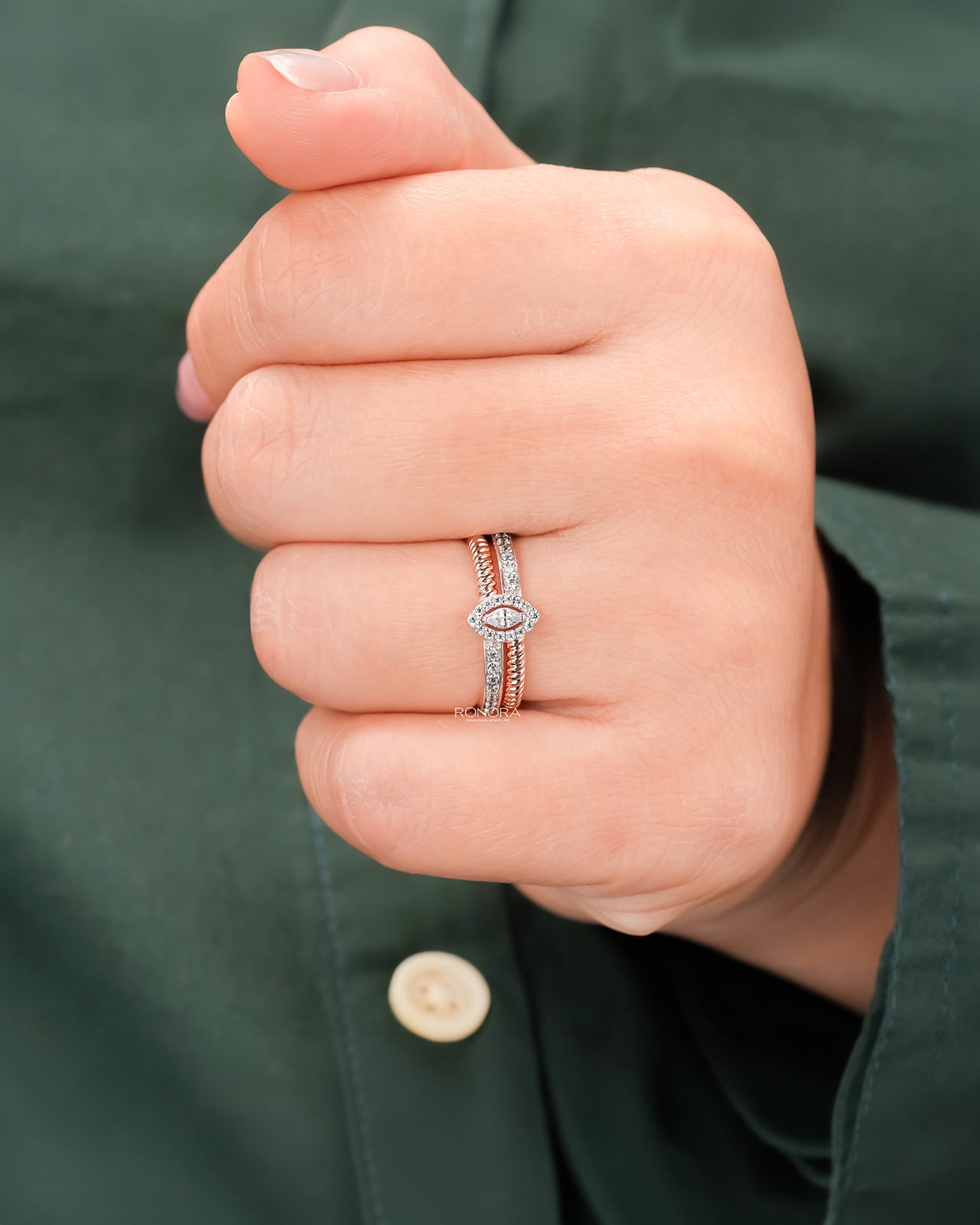 Marquise lab grown diamond double pavé ring worn on hand in rose gold