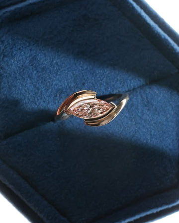 Viviana pink marquise lab grown diamond twist ring in rose gold inside Ronora box