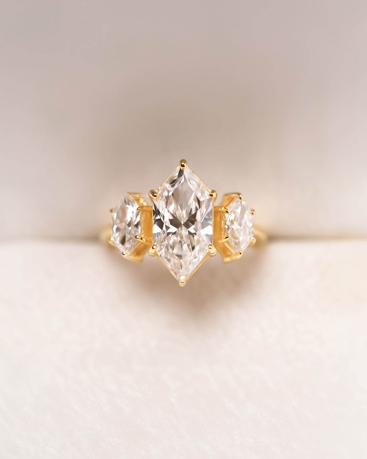 Vivienne marquise lab grown diamond three-stone ring in yellow gold front view