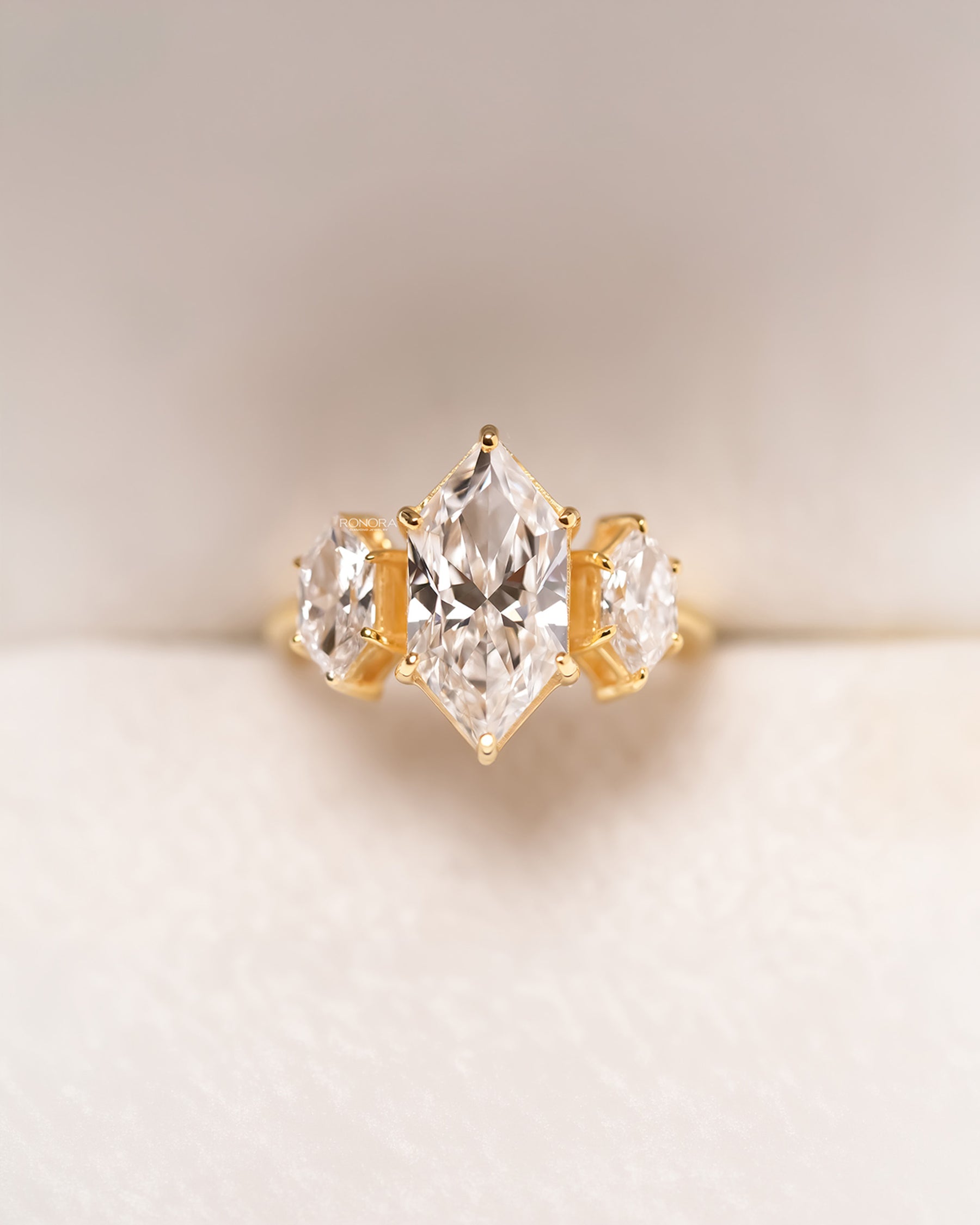 Vivienne marquise lab grown diamond three-stone ring in yellow gold front view