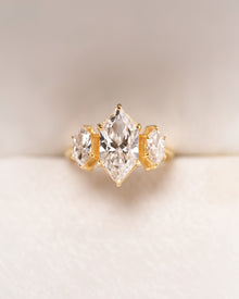 Vivienne marquise lab grown diamond three-stone ring in yellow gold front view