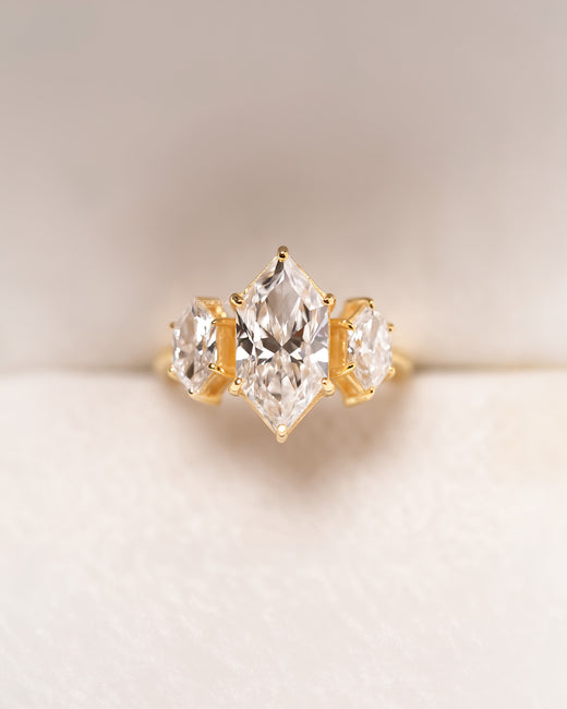 Vivienne marquise lab grown diamond three-stone ring in yellow gold front view