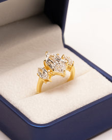 Yellow gold marquise three-stone lab grown diamond ring in Ronora box