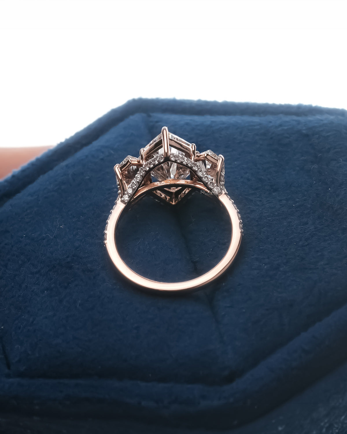 marquise lab grown diamond three-stone ring in ronora box with polished band profile
