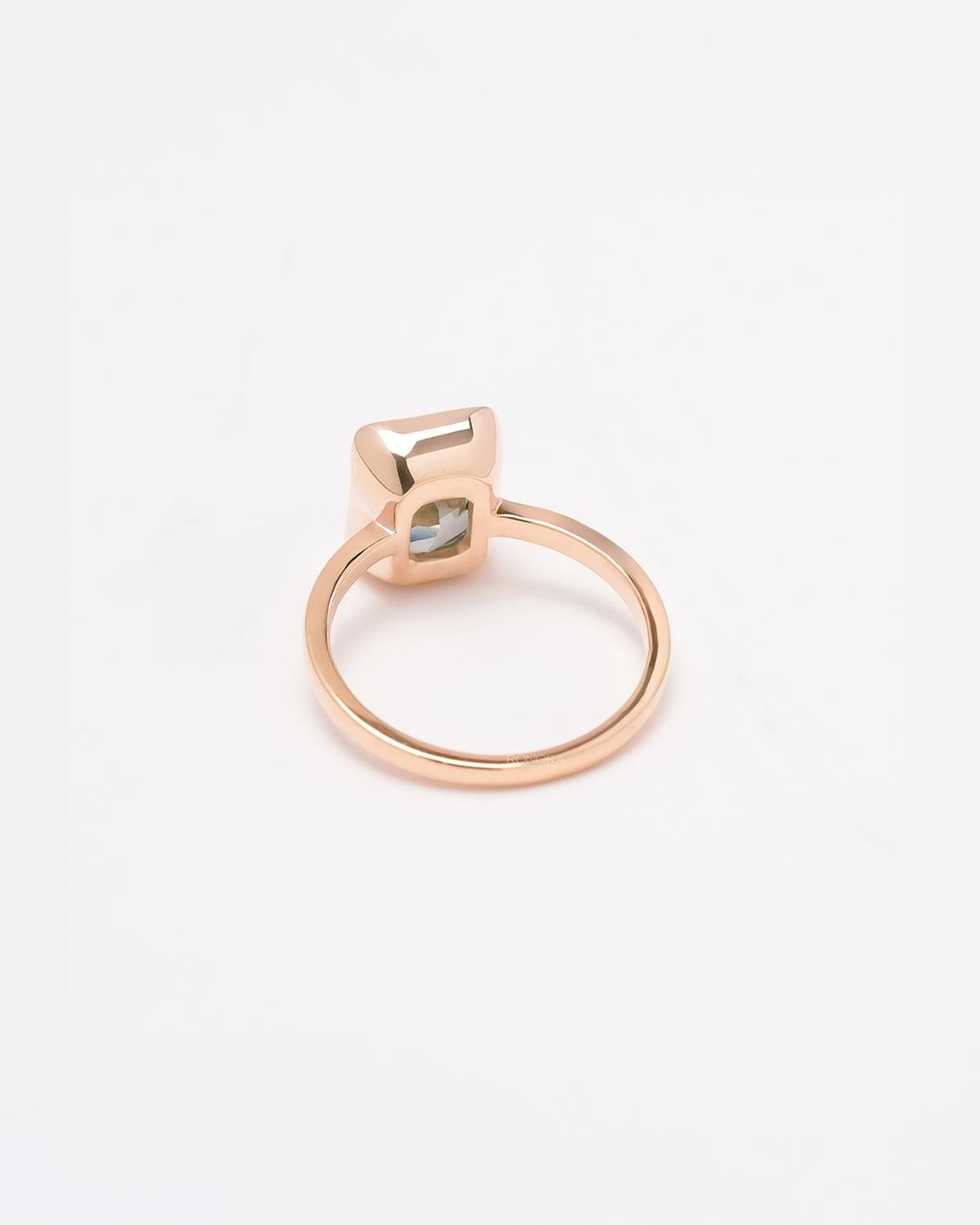 Back view of rose gold green radiant lab grown diamond solitaire ring