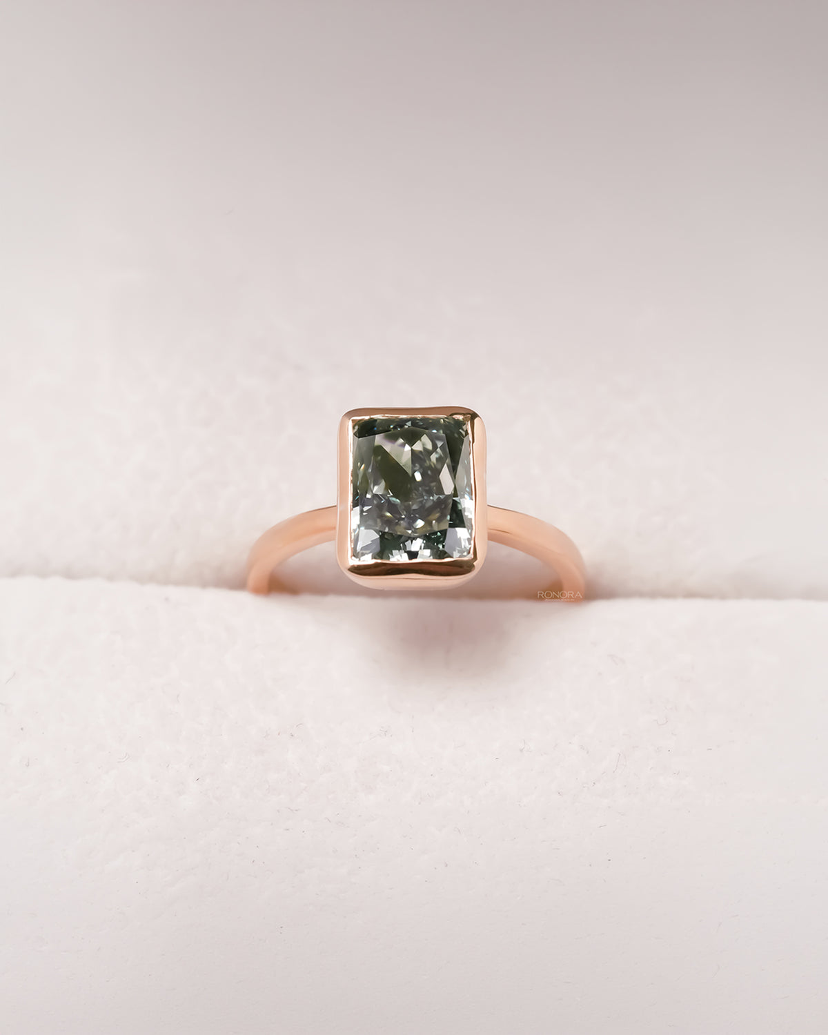 Seraphina green radiant lab grown diamond solitaire ring in rose gold front view