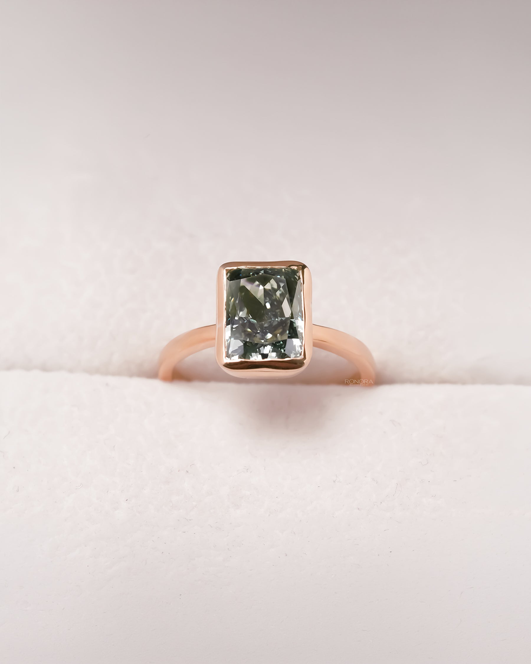 Seraphina green radiant lab grown diamond solitaire ring in rose gold front view