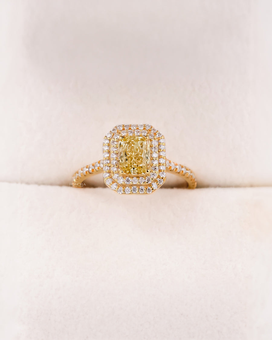 Elodie yellow radiant lab grown diamond halo ring in yellow gold inside Ronora box